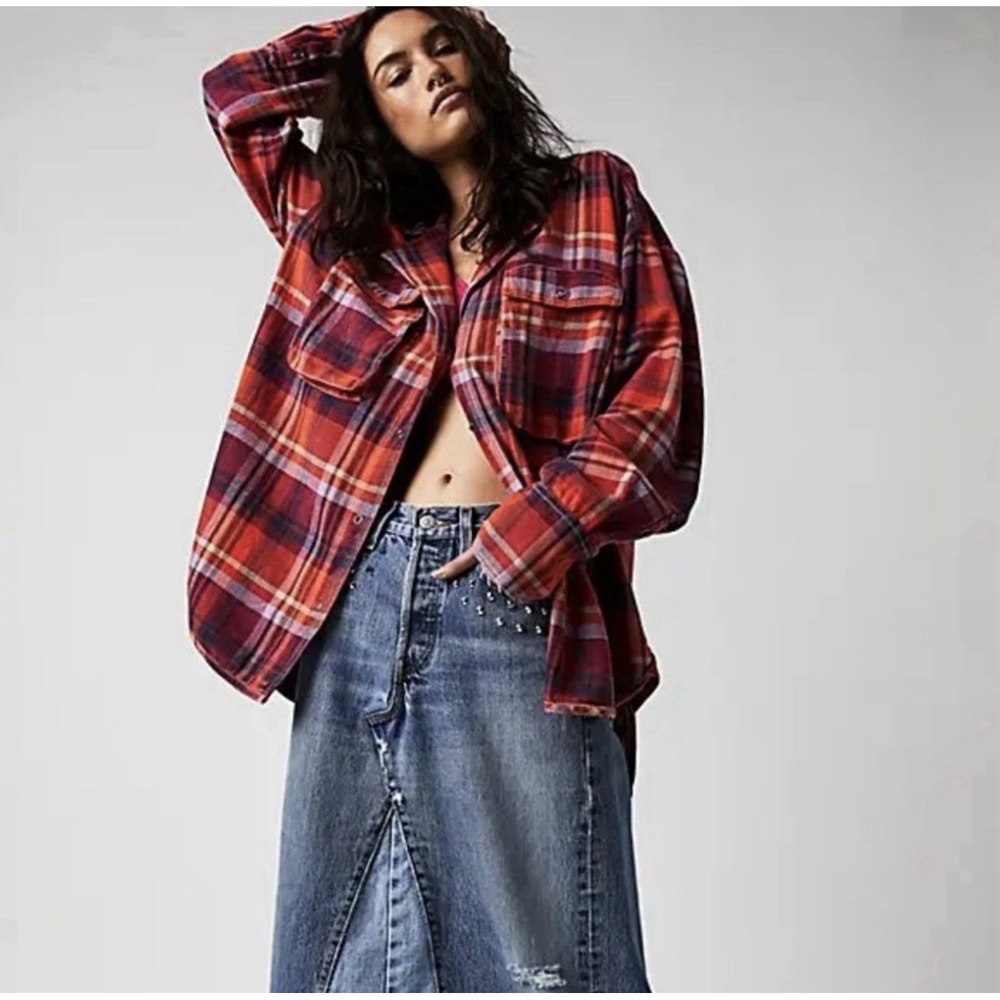 Free People Izzie Oversized Cargo Plaid Button Down Flannel Shirt ~ S